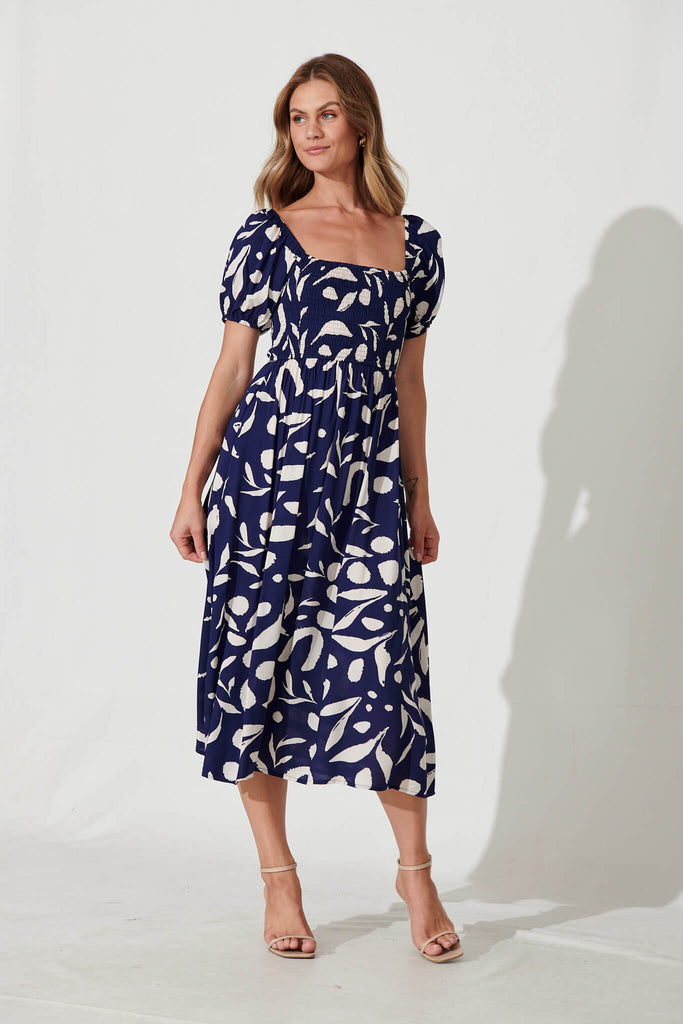 Bayview Midi Dress In Navy With Cream Leaf Print - full length