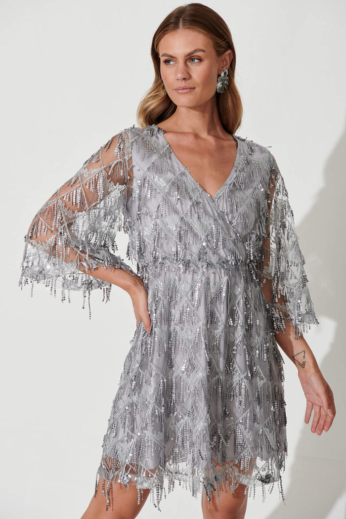 Seema Sequin Dress In Silver - front