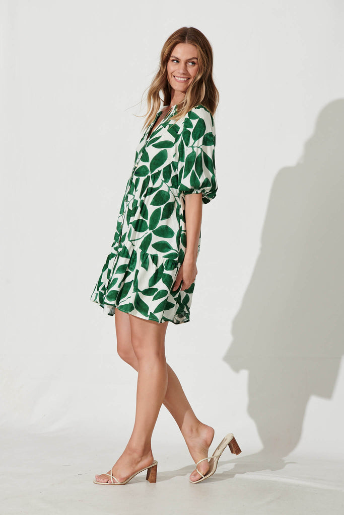 Emelyn Smock Dress In Cream With Green Leaf Print - side