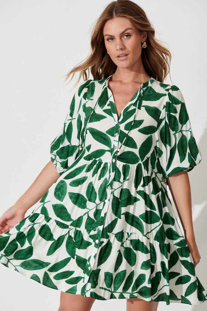 Emelyn Smock Dress In Cream With Green Leaf Print - front