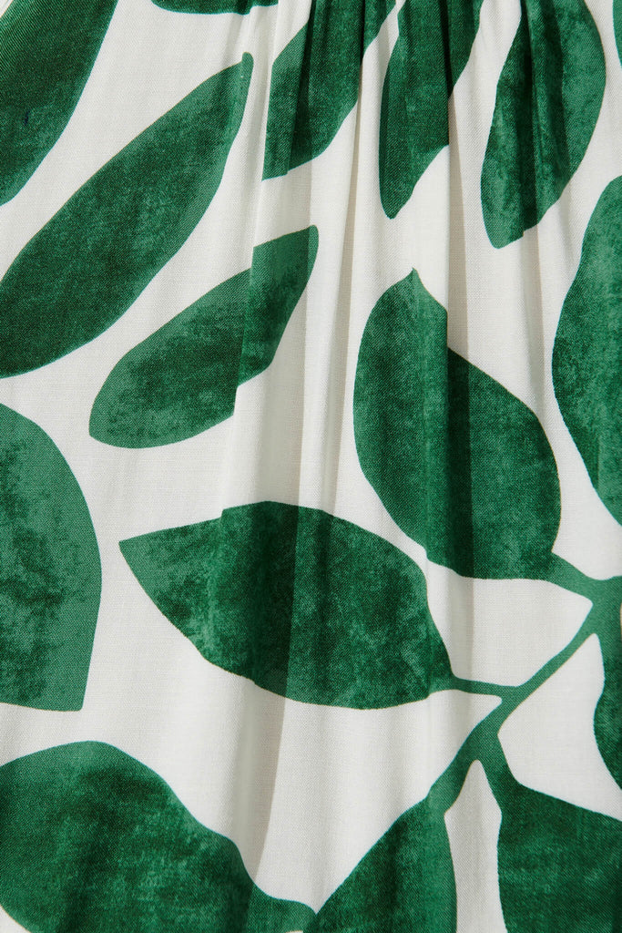 Emelyn Smock Dress In Cream With Green Leaf Print - fabric