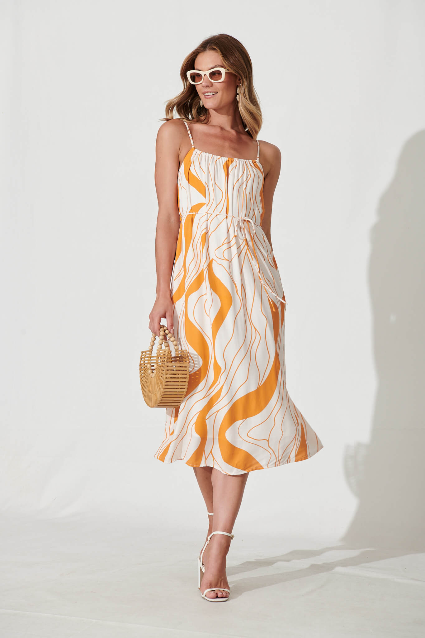 Bibi Midi Sundress In Cream With Orange Swirl Linen Blend - full length