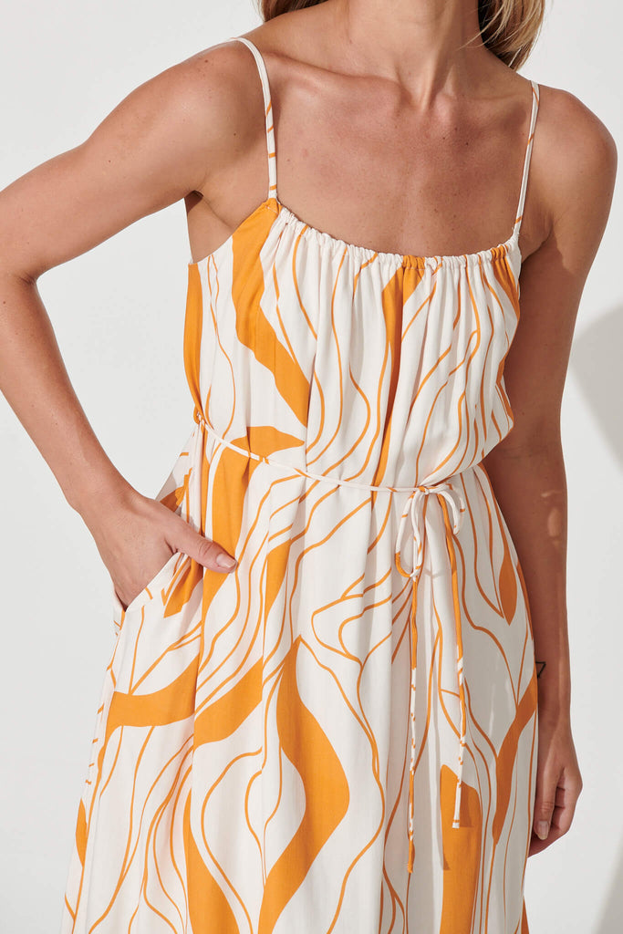 Bibi Midi Sundress In Cream With Orange Swirl Linen Blend - detail