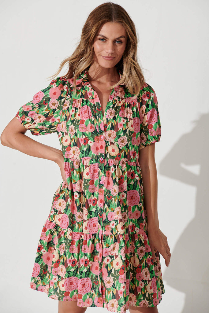 Antoinetta Smock Shirt Dress In Pink Multi Floral Cotton - front