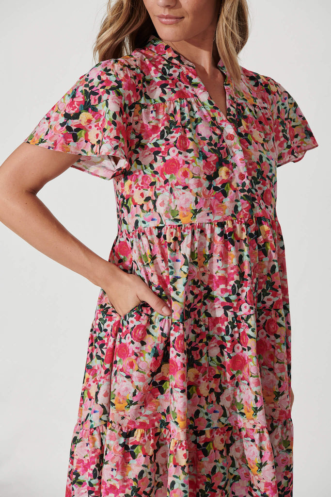 Saldana Smock Dress In Fuchsia Watercolour Floral Cotton - detail