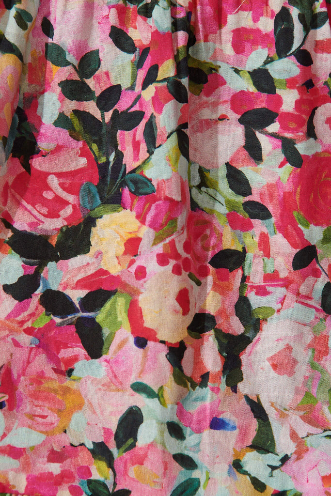 Saldana Smock Dress In Fuchsia Watercolour Floral Cotton - fabric