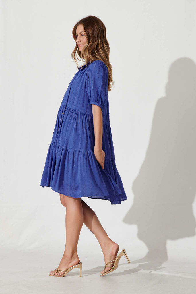 May Smock Dress In Blue With Lurex Stripe - side