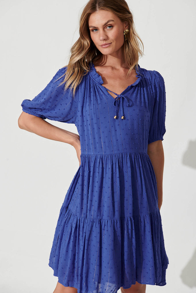 May Smock Dress In Blue With Lurex Stripe - front