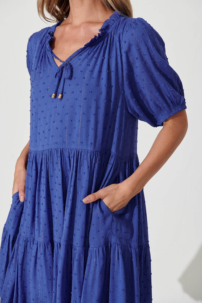 May Smock Dress In Blue With Lurex Stripe - detail