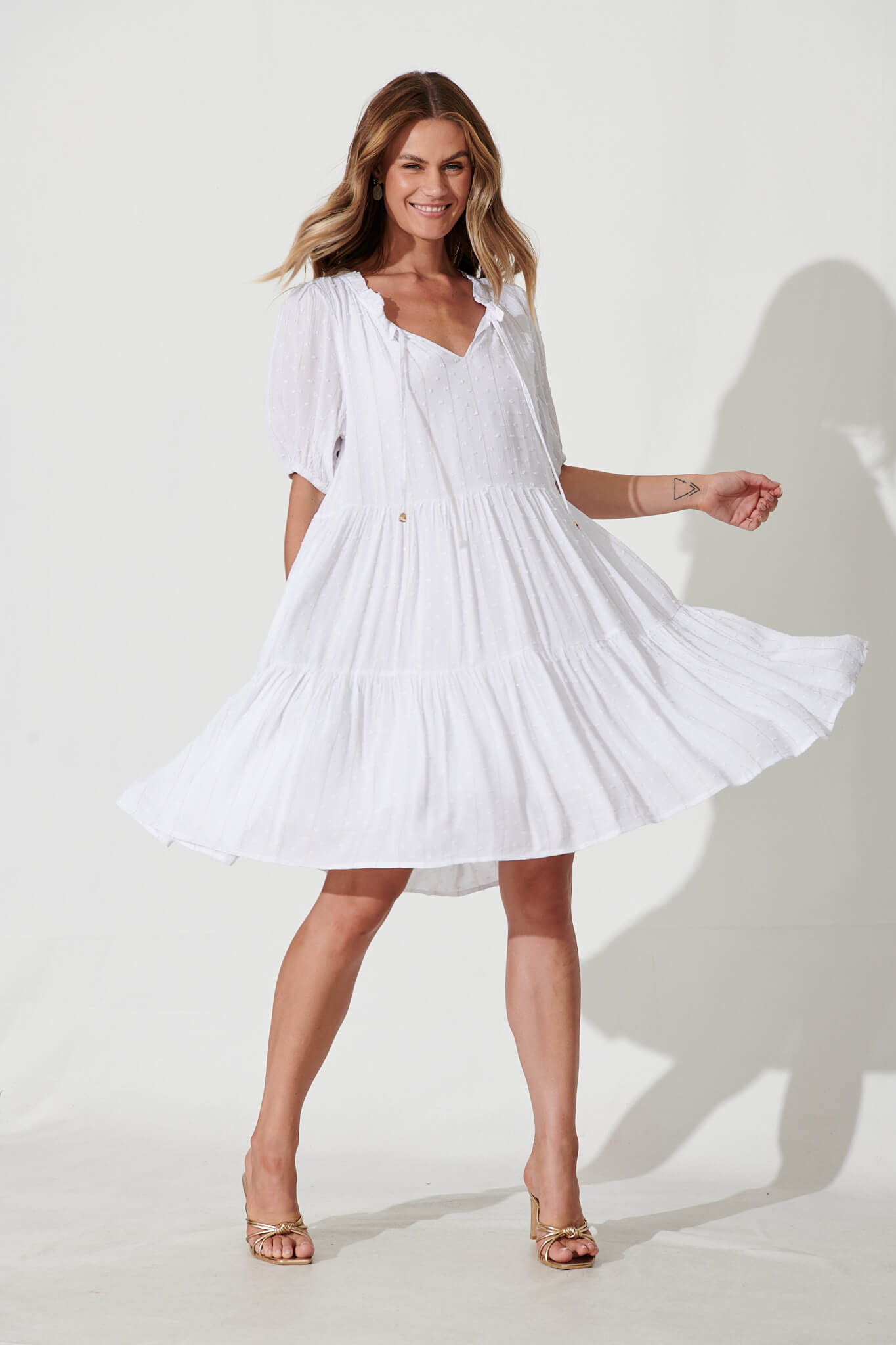 May Smock Dress In White With Lurex Stripe - full length
