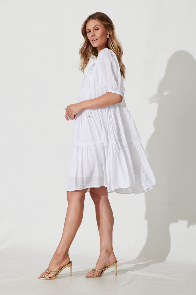 May Smock Dress In White With Lurex Stripe - side