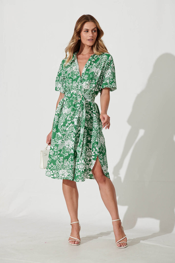 March Midi Shirt Dress In Green And White Floral Cotton - full length
