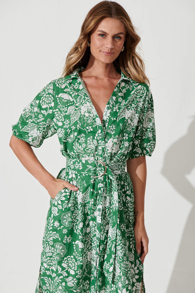 March Midi Shirt Dress In Green And White Floral Cotton - front