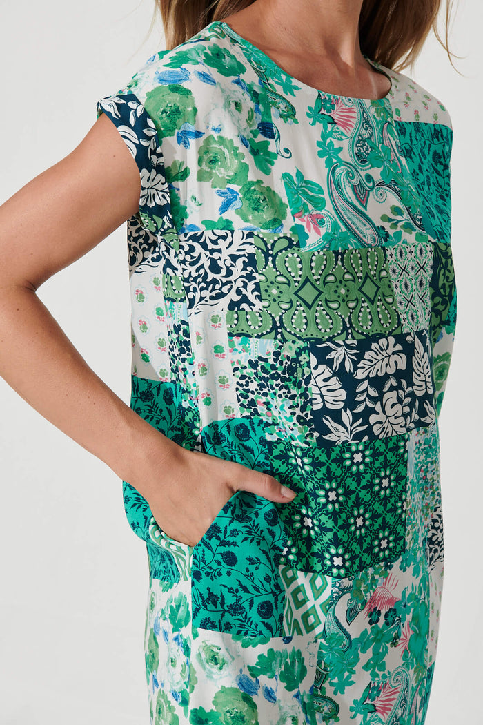 Sia Dress In Multi Green Patchwork - detail