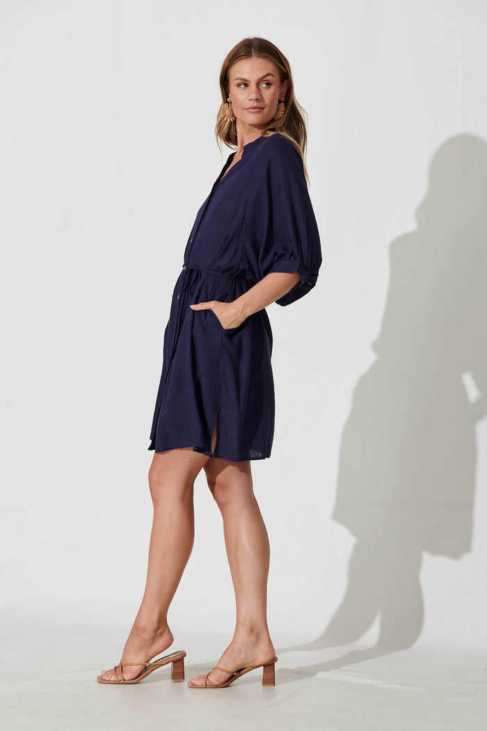 Vanuatu Shirt Dress In Navy Linen Blend - side