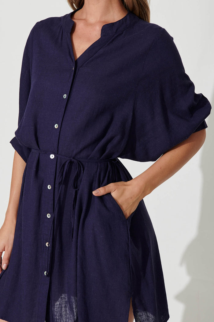 Vanuatu Shirt Dress In Navy Linen Blend - detail