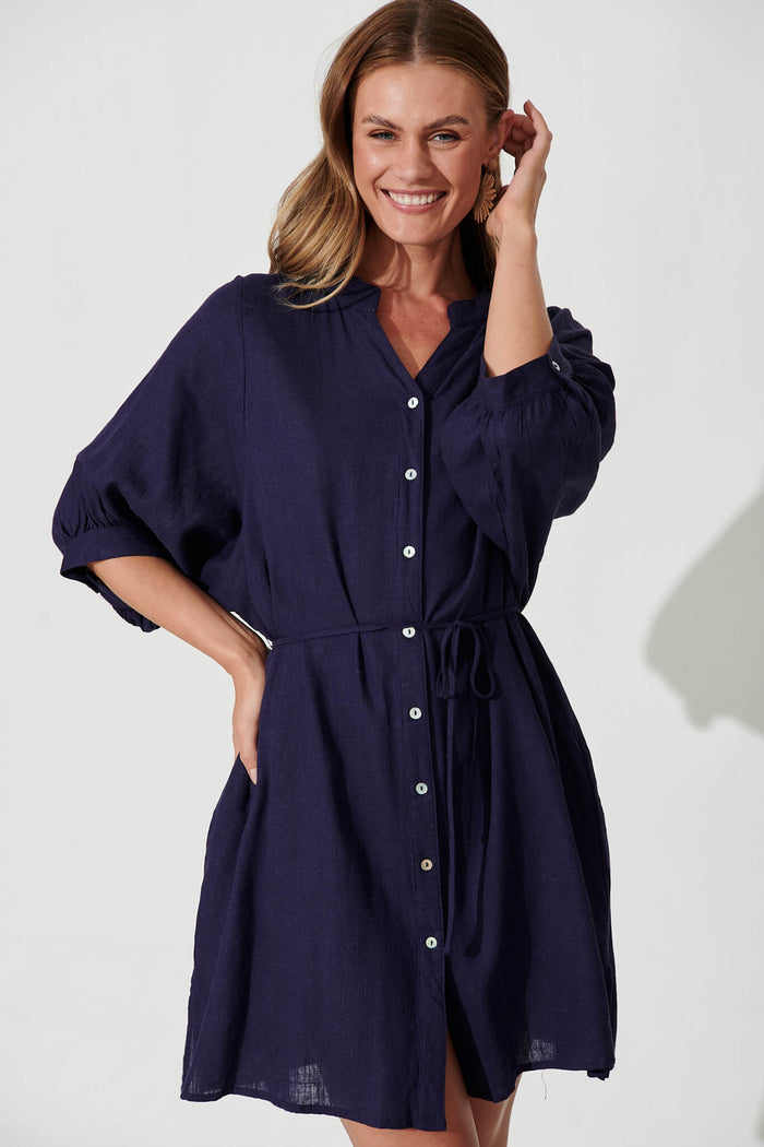 Vanuatu Shirt Dress In Navy Linen Blend - front
