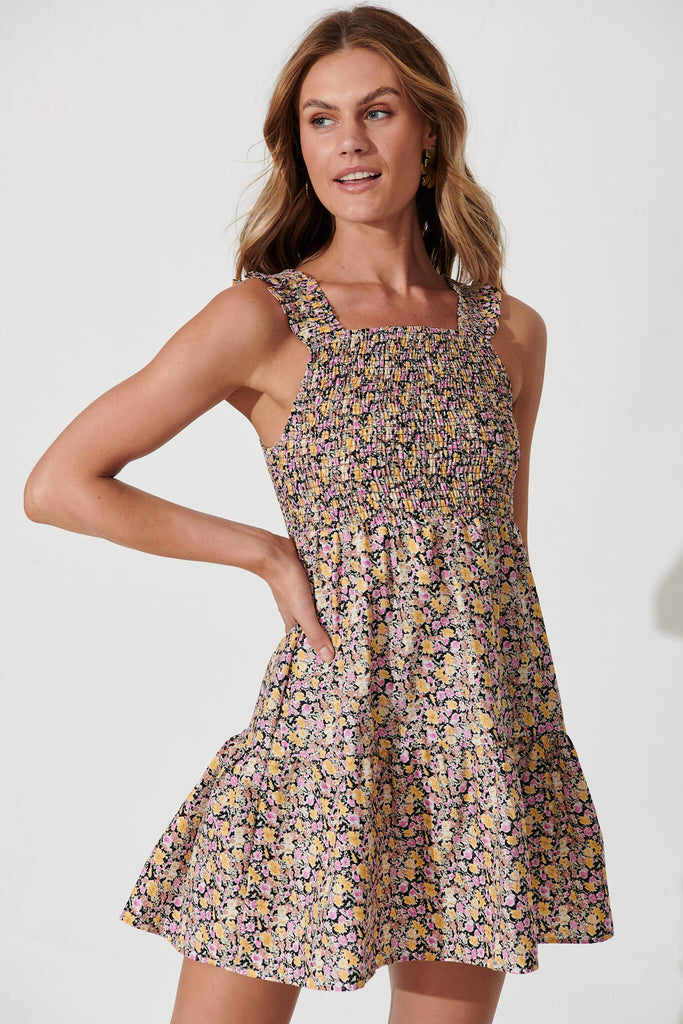 Lemonade Dress In Black With Multi Ditsy Floral Cotton - front