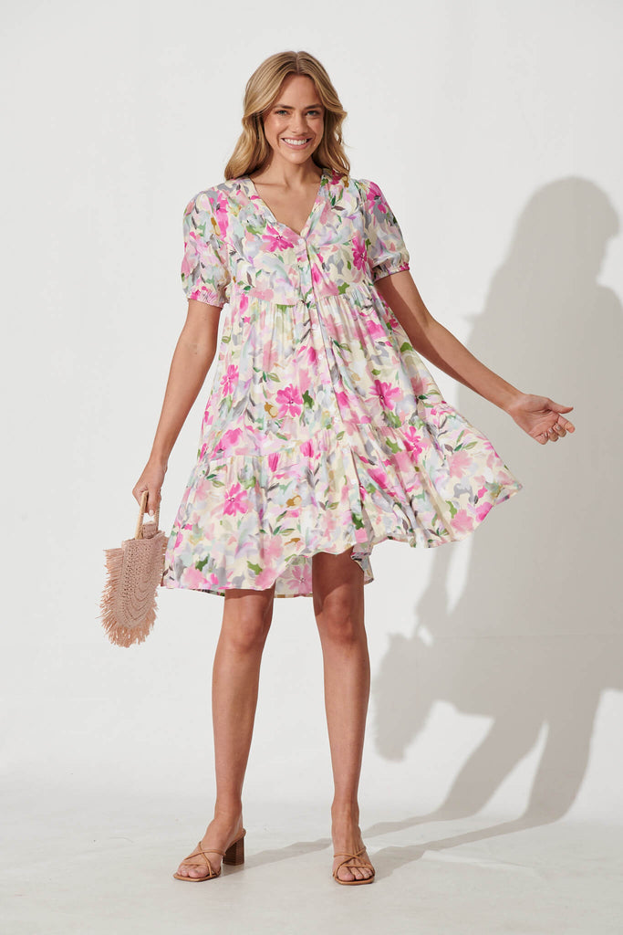 Annie Smock Dress In White With Pink Multi Floral Cotton Blend - full length