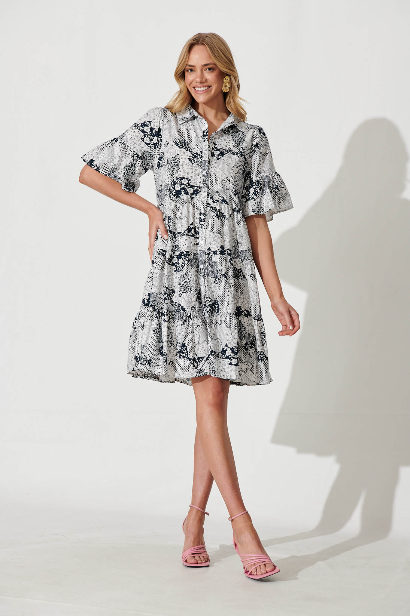 Foster Smock Shirt Dress In Blue Patchwork Floral Cotton - full length