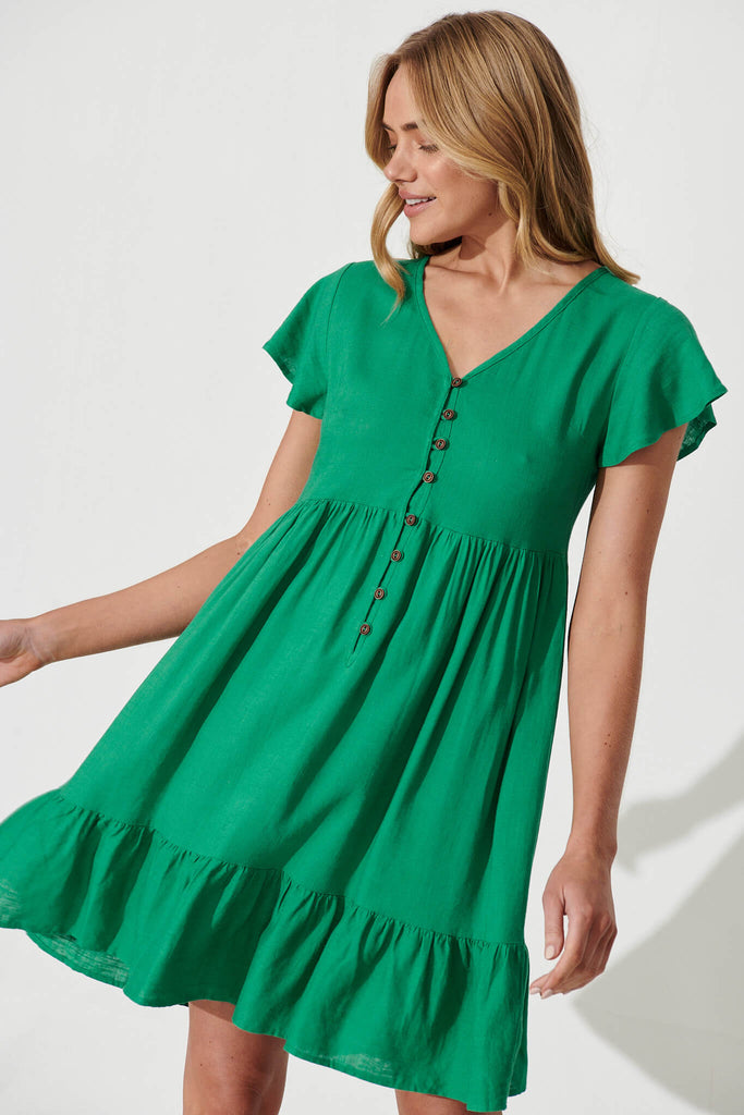 Similan Smock Dress In Jade Linen Blend - front