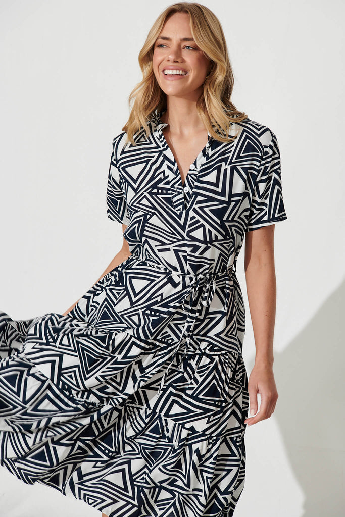 Rewind Midi Dress In Navy With White Geometric Print - front