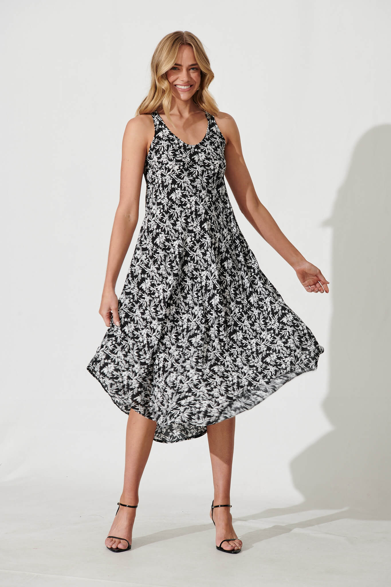 Two Of Us Midi Dress In Black With White Floral Print - full length