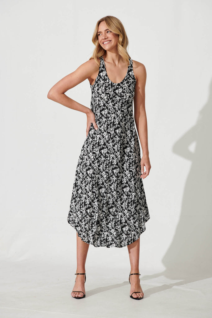 Two Of Us Midi Dress In Black With White Floral Print - full length