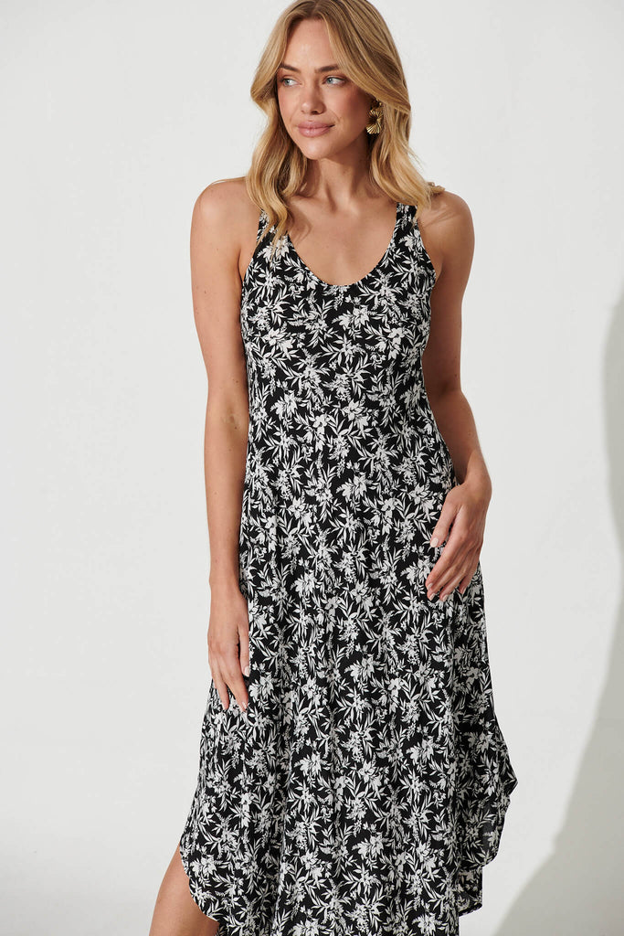 Two Of Us Midi Dress In Black With White Floral Print - front