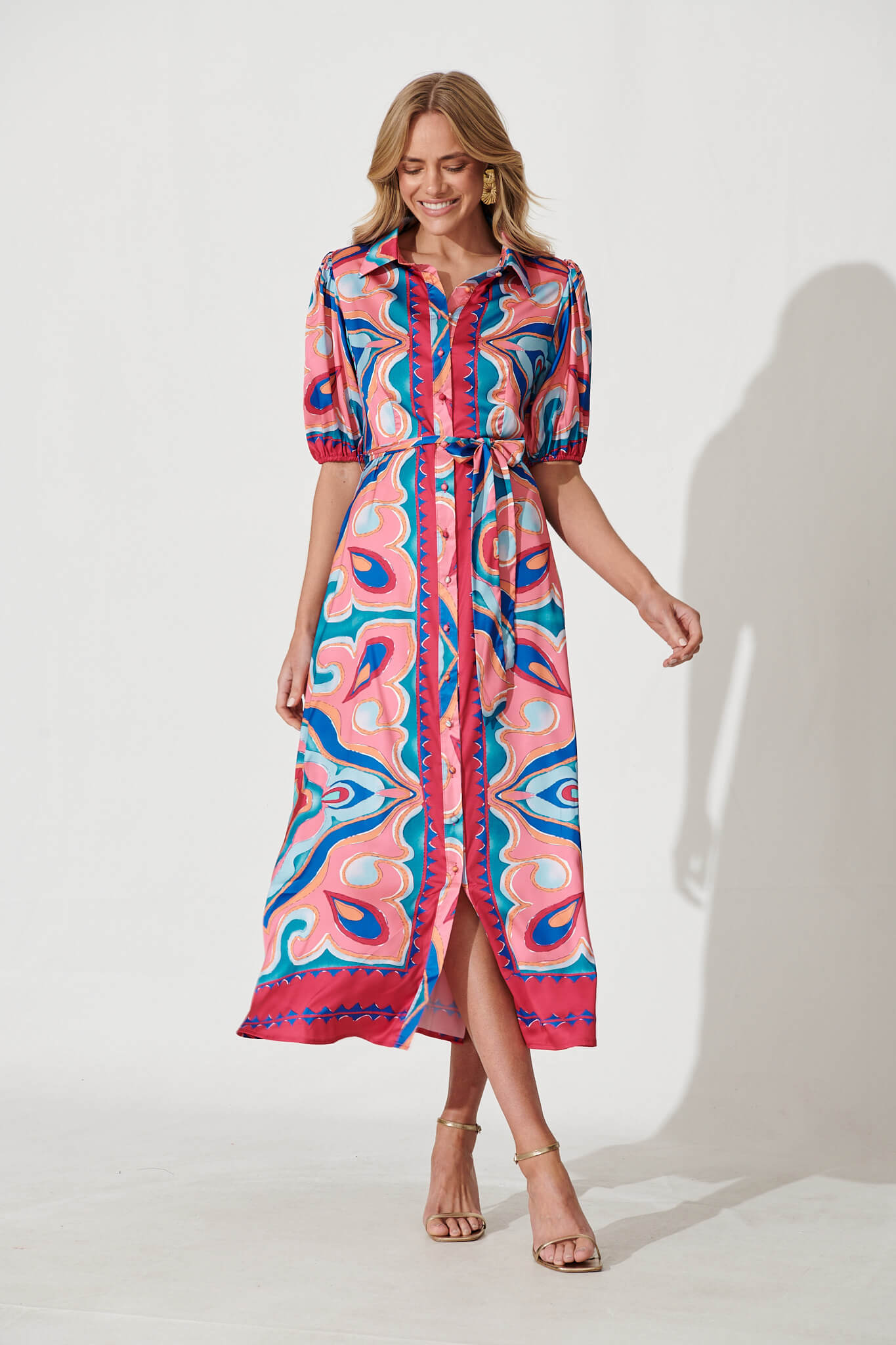 Gabriela Maxi Shirt Dress In Fuchsia Multi Print Satin - full length