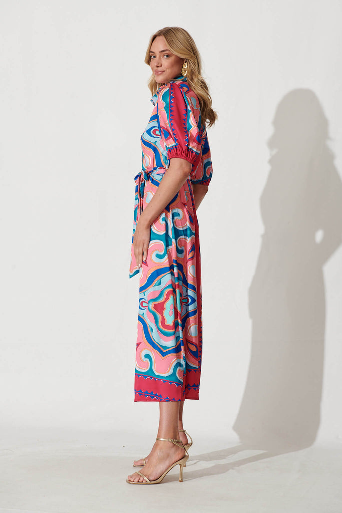 Gabriela Maxi Shirt Dress In Fuchsia Multi Print Satin - side