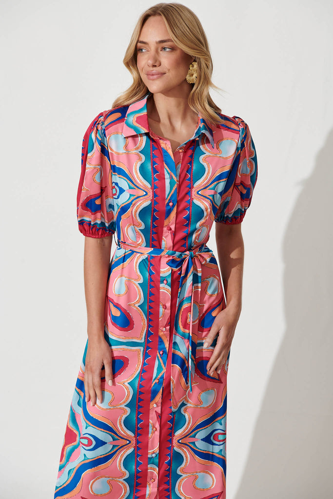 Gabriela Maxi Shirt Dress In Fuchsia Multi Print Satin - front