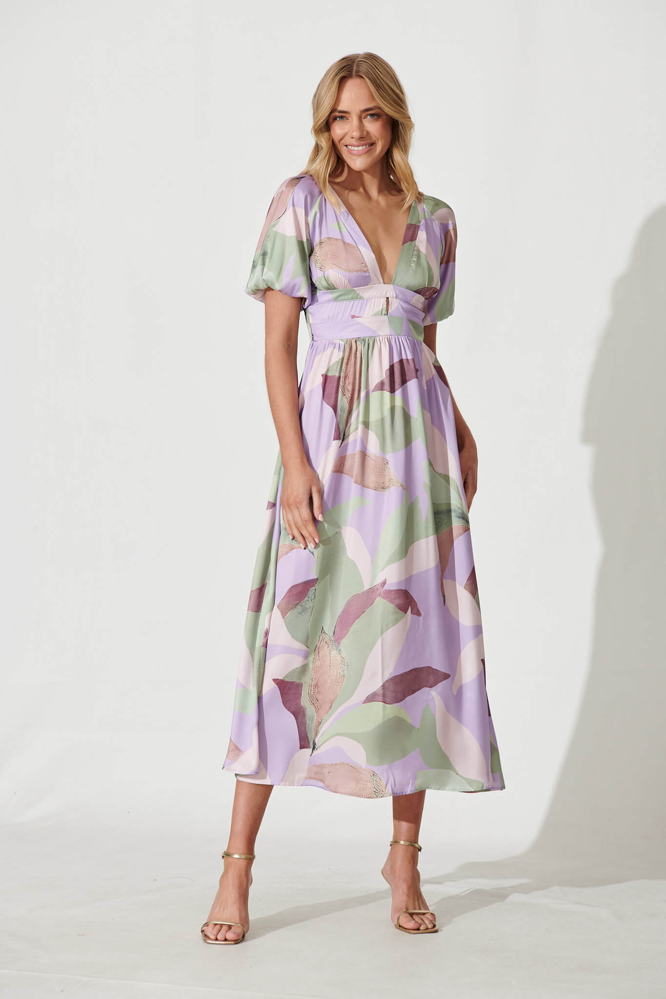 Mel Maxi Dress In Lilac Multi Leaf Print Satin - full length