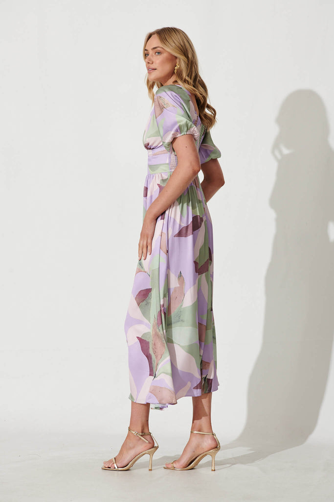 Mel Maxi Dress In Lilac Multi Leaf Print Satin - side