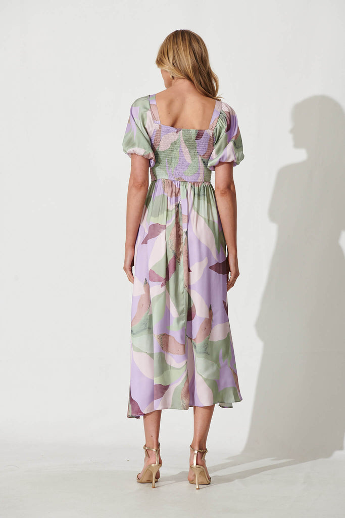 Mel Maxi Dress In Lilac Multi Leaf Print Satin - back