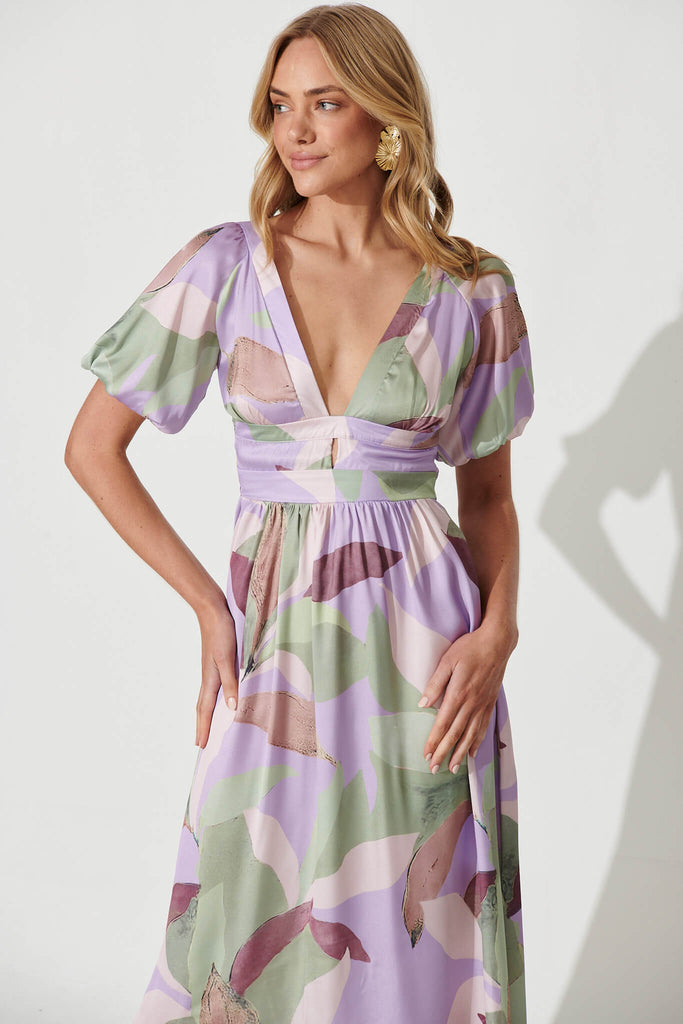 Mel Maxi Dress In Lilac Multi Leaf Print Satin - front