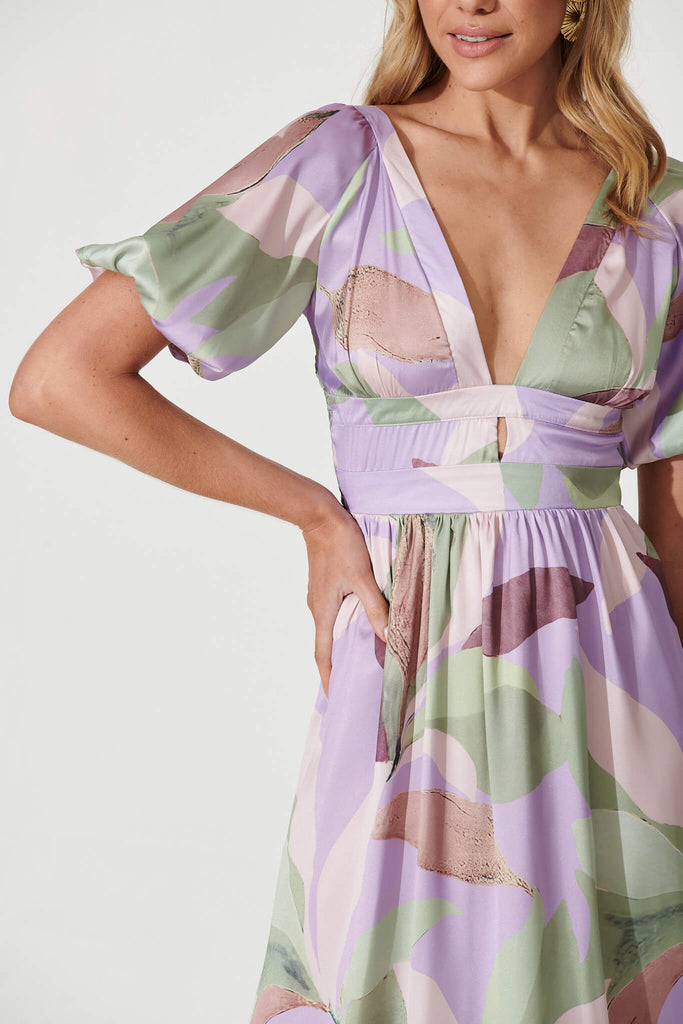 Mel Maxi Dress In Lilac Multi Leaf Print Satin - detail