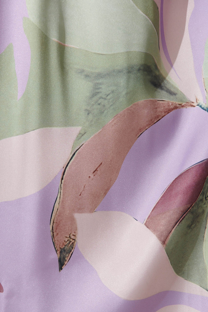Mel Maxi Dress In Lilac Multi Leaf Print Satin - fabric