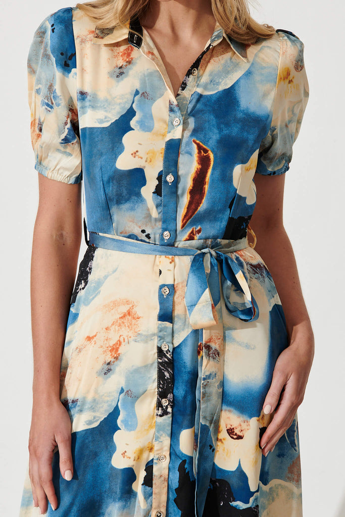 Jos Midi Shirt Dress In Blue Multi Watercolour Satin - detail