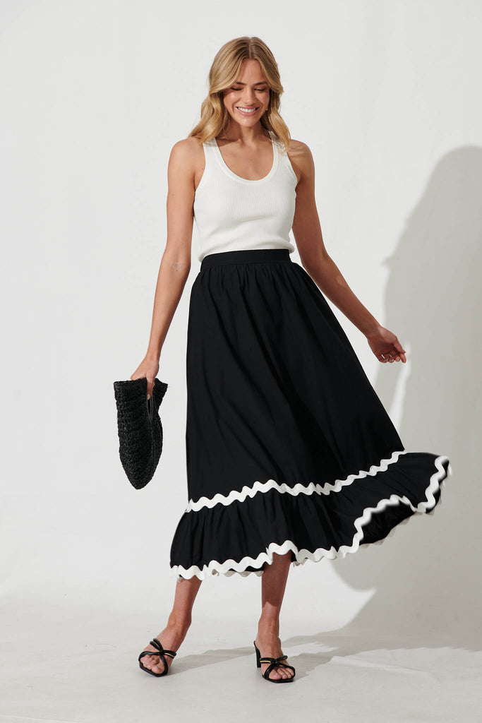 Letitia Midi Skirt In Black With White Ric Rac Trim Cotton - full length