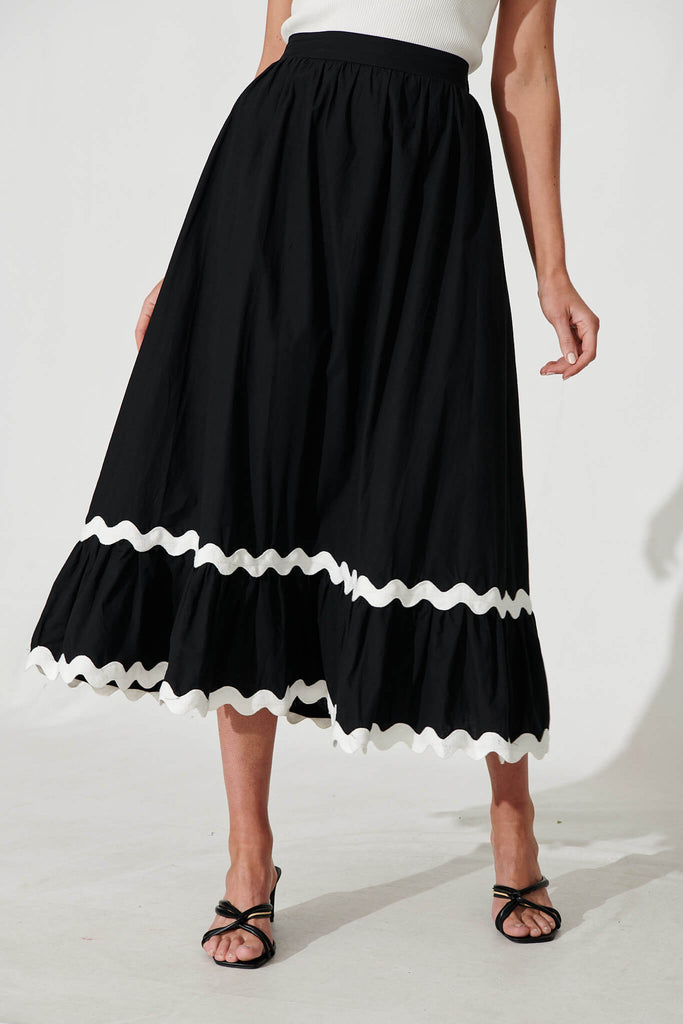 Letitia Midi Skirt In Black With White Ric Rac Trim Cotton - front