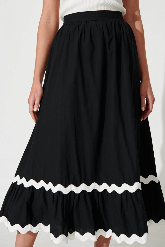 Letitia Midi Skirt In Black With White Ric Rac Trim Cotton - detail