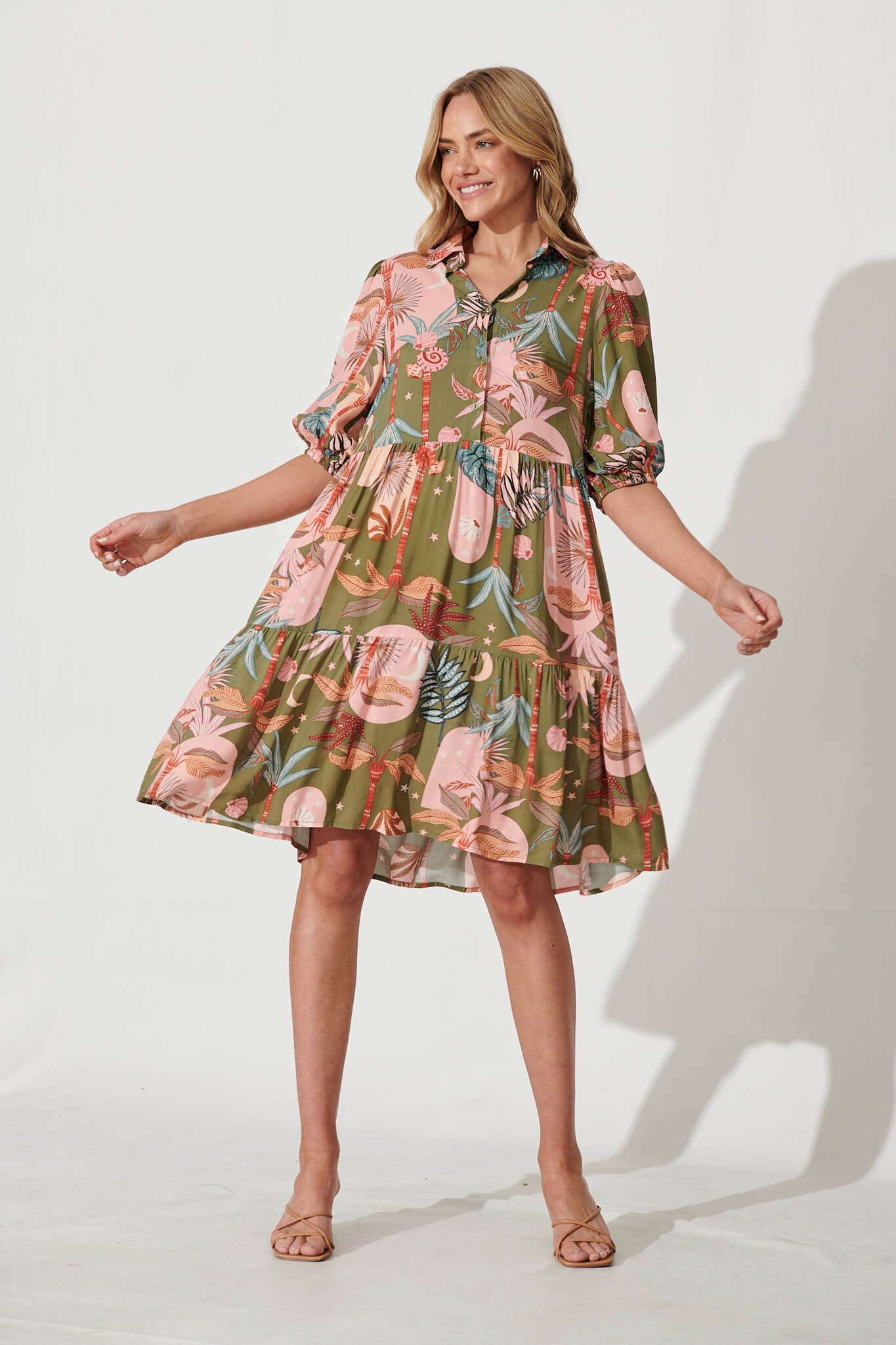 Cleveland Smock Dress In Khaki With Pink Print - full length