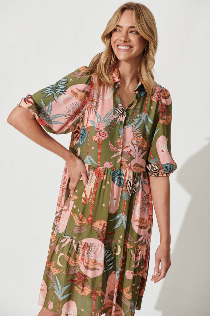 Cleveland Smock Dress In Khaki With Pink Print - front