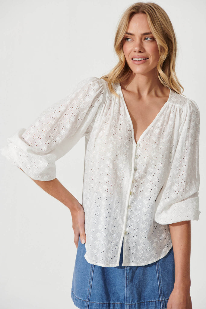 Tiffa Shirt In White Broderie Cotton - front