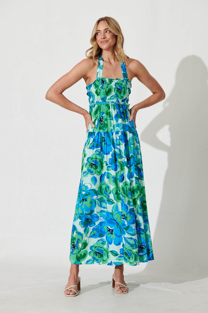 Luisa Maxi Sundress In Blue With Green Floral - full length