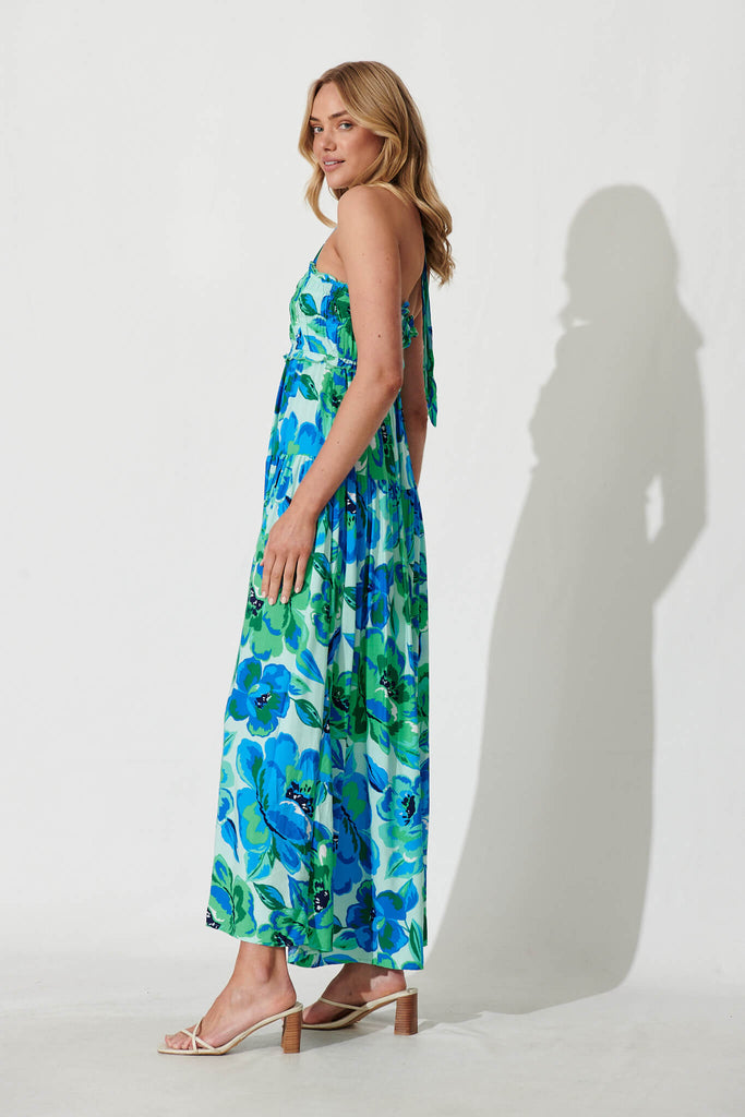 Luisa Maxi Sundress In Blue With Green Floral - side