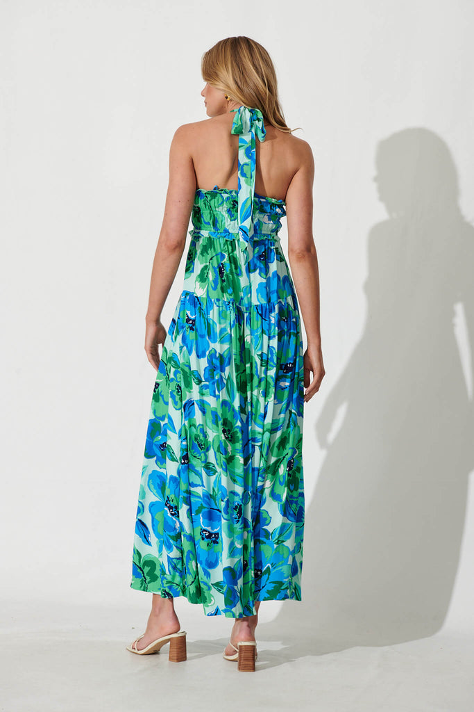 Luisa Maxi Sundress In Blue With Green Floral - back