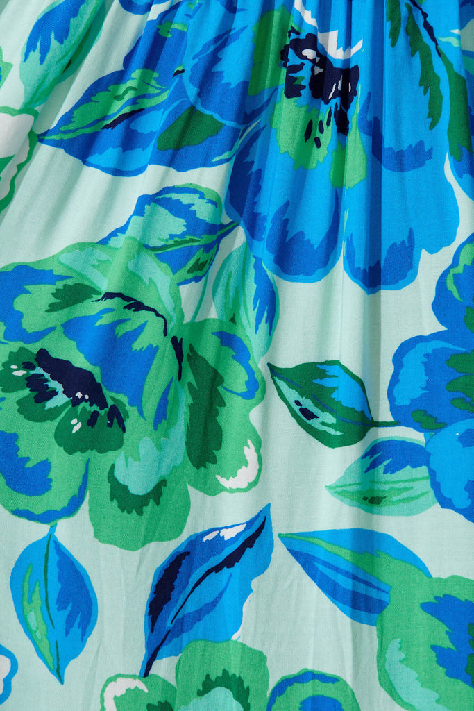Luisa Maxi Sundress In Blue With Green Floral - fabric