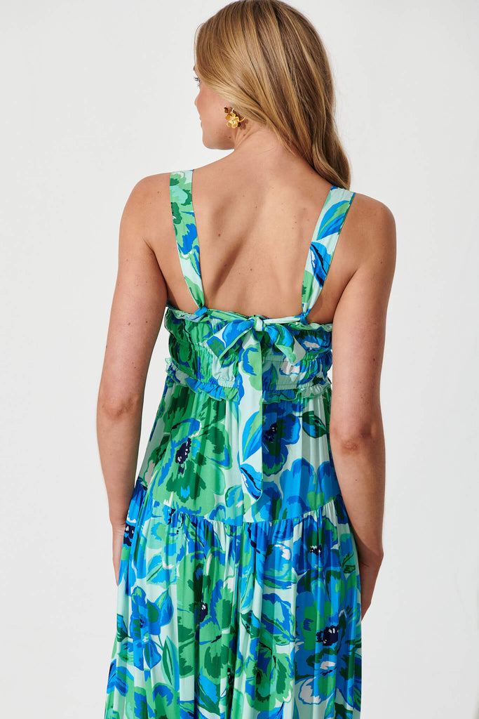 Luisa Maxi Sundress In Blue With Green Floral - detail
